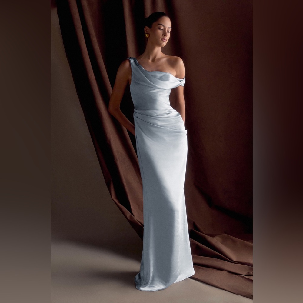 Dalia Off Shoulder Satin Maxi Dress - Frosted Blue